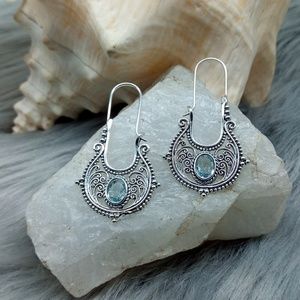 NEW | Silver Tone | Filigree With Aqua Faceted Stone
